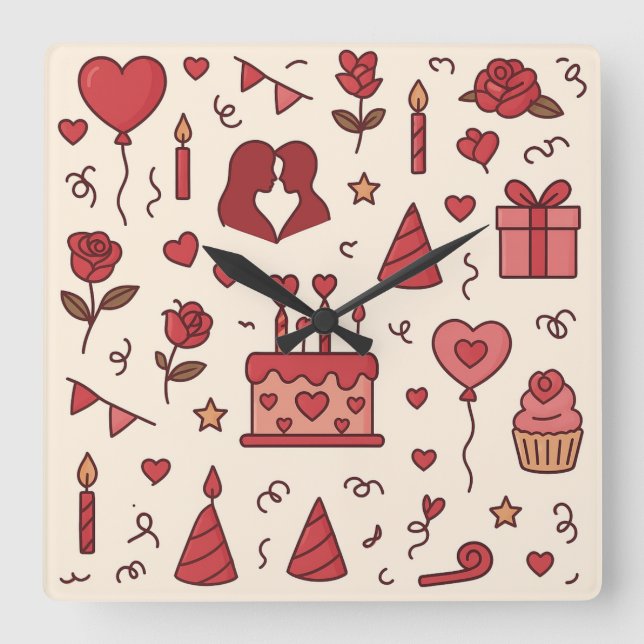 Romantic Celebration Doodle Pattern Square Wall Clock (Front)