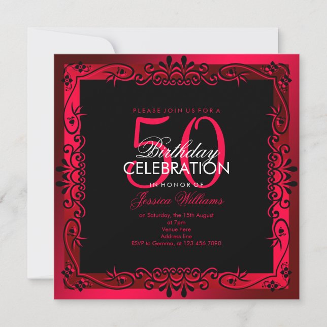 Romantic Cerise Decorative Framed 50th Birthday Invitation (Front)