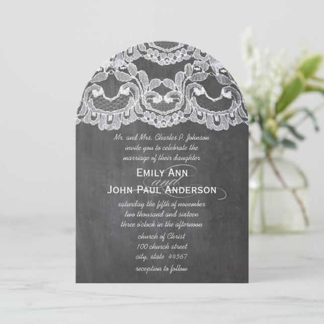 Romantic Chalkboard and Lace Elegant Wedding Invitation (Standing Front)