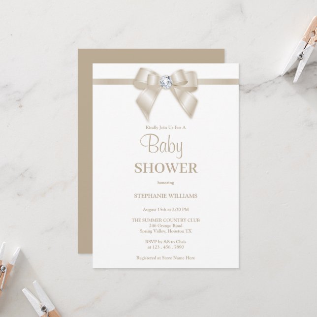 Romantic Champagne Jewel Bow Baby Shower Invitation (Front/Back In Situ)