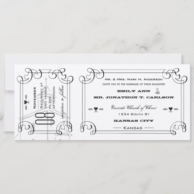 Romantic Chapel Ticket Wedding Invitation (Front)