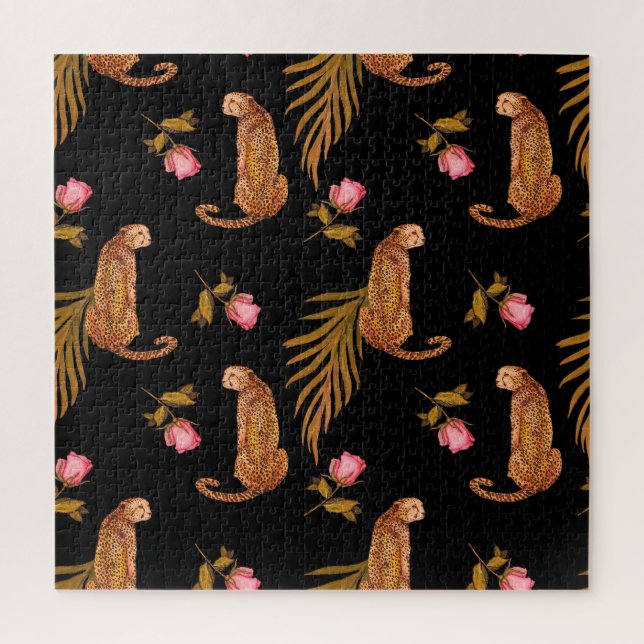 Romantic cheetahs: watercolor seamless pattern. jigsaw puzzle (Vertical)