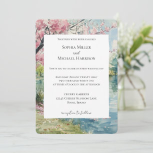 Romantic Cherry Blossom Floral Lake Wedding Invitation