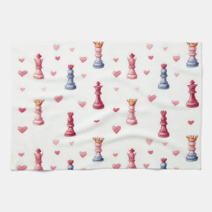 Romantic Chess Hearts Pattern Tea Towel