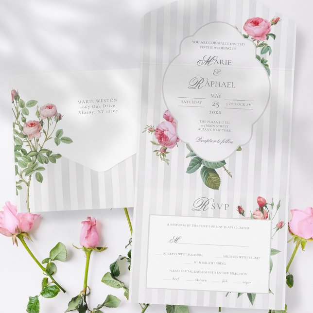 Romantic Chic French Rose Botanical Wedding All In One Invitation (Creator Uploaded)