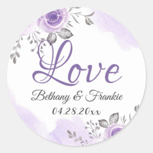 Romantic Chic Pastel Purple Floral Love Script Classic Round Sticker