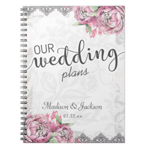 Romantic Chic Peony Floral & Lace Wedding Planner Notebook