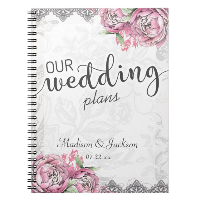 Romantic Chic Peony Floral & Lace Wedding Planner Notebook (Front)