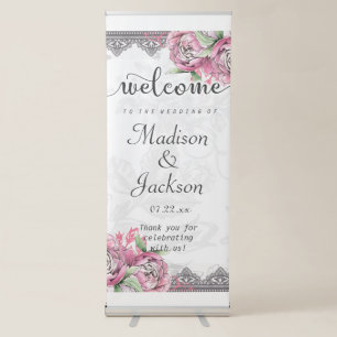 Romantic Chic Peony Floral & Lace Wedding Welcome Retractable Banner