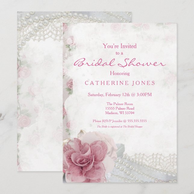 Romantic Chic Pink Rose Bridal Shower Invitation (Front/Back)