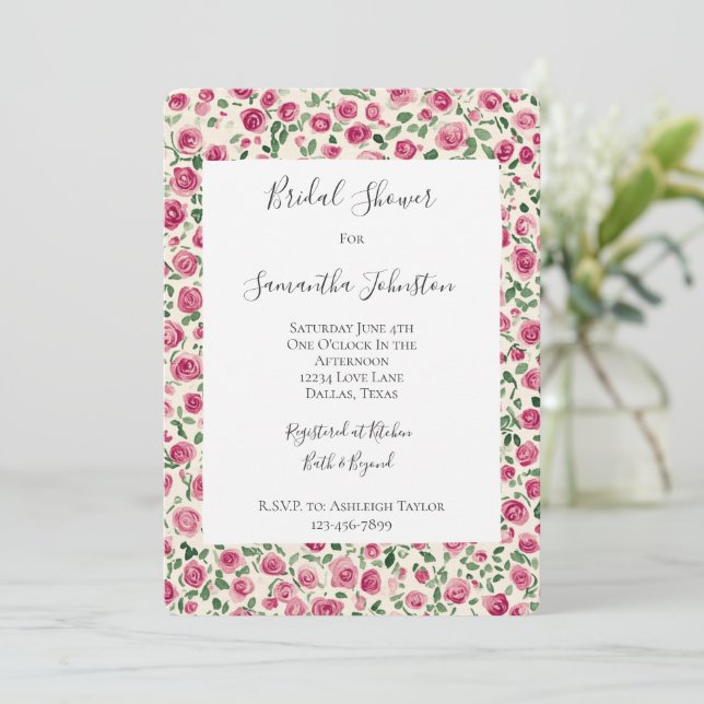 Romantic Chic Pink Roses Floral Bridal Shower Invitation (Standing Front)