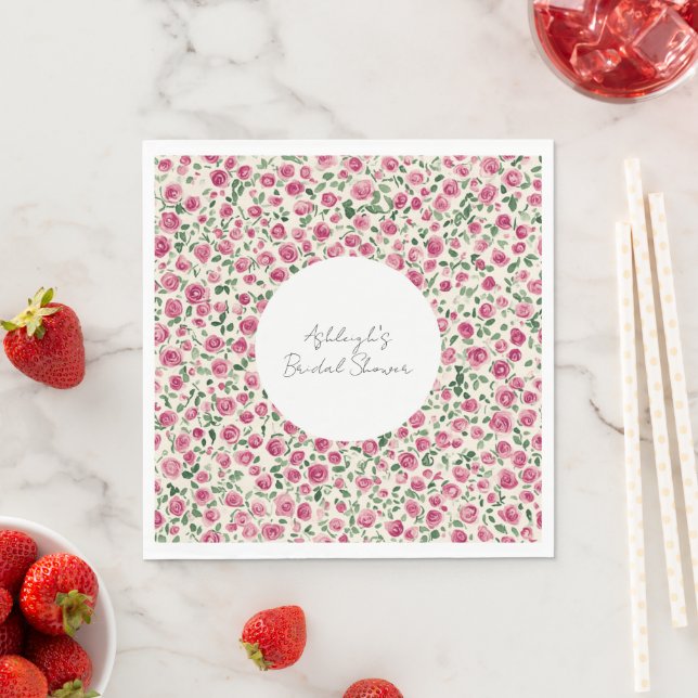 Romantic Chic Pink Roses Floral Bridal Shower Napkin (Insitu)