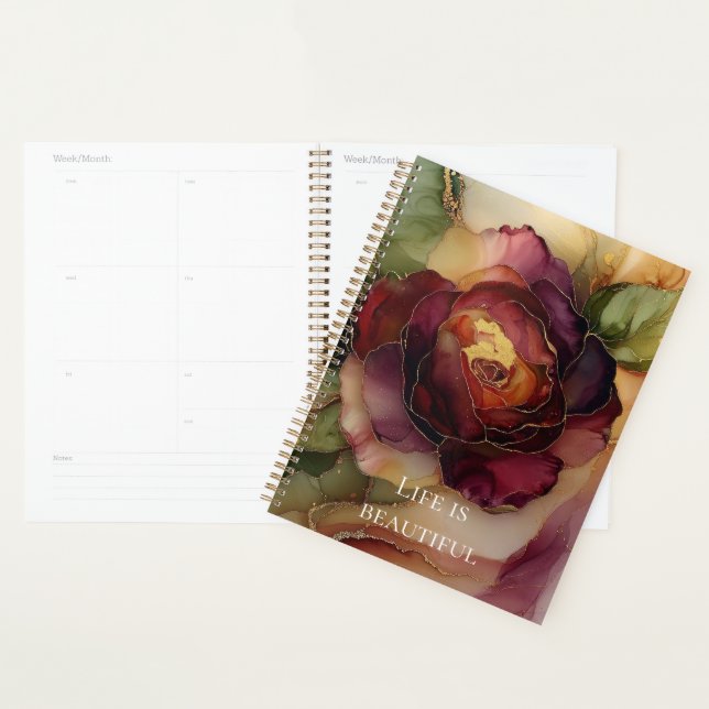 Romantic Chic Rose Red Burgundy Gold Floral  Planner (Display)
