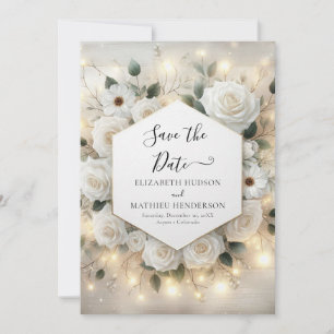 Romantic Chic White Roses Wedding Save The Date