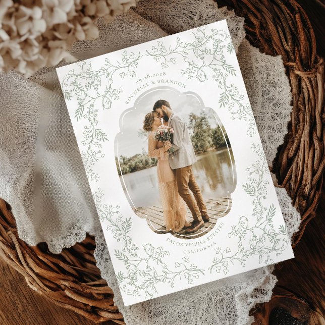 Romantic Chinoiserie Antique Sage Green Photo Save The Date (Creator Uploaded)