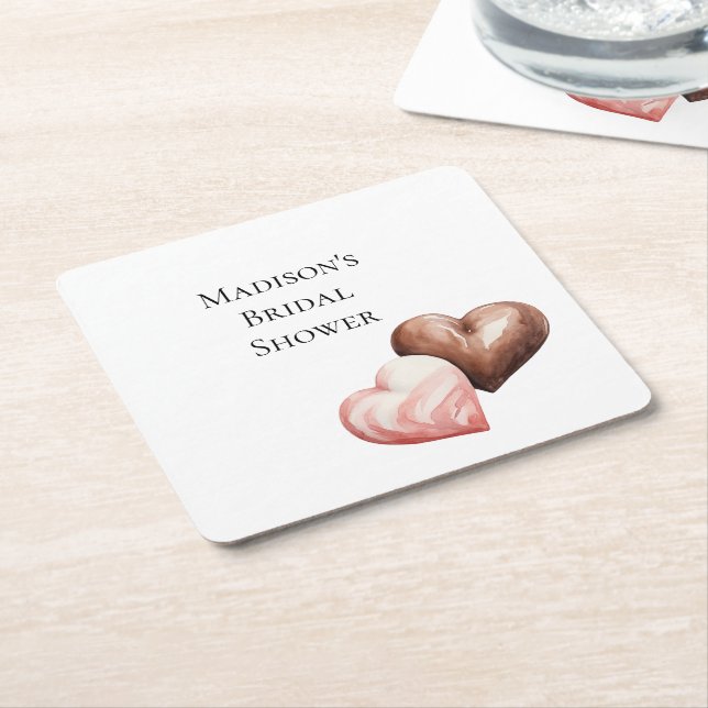 Romantic Chocolate Strawberry Hearts Bridal Shower Square Paper Coaster (Angled)