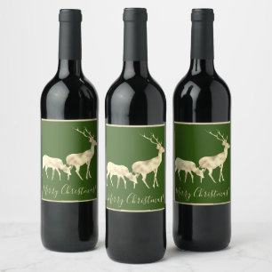 Romantic Christmas green deers Wine Label