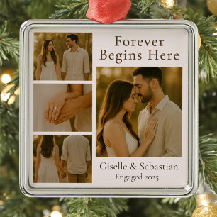 Romantic Christmas Holiday 4 Photo Engagement Metal Tree Decoration