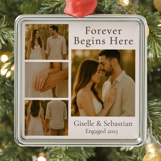 Romantic Christmas Holiday 4 Photo Engagement Metal Tree Decoration (Creator Uploaded)