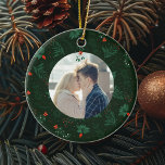 Romantic Christmas Mistletoe Custom Couple Photo Ceramic Tree Decoration<br><div class="desc">This romantic Christmas ornament features your personalized holiday photo with a festive mistletoe and red bow hanging over your custom kissing couple photograph. Add your own newlywed or engagement picture in the center of this beautiful green botanical holiday pattern. Customize this commemorative keepsake on the back in red and green...</div>