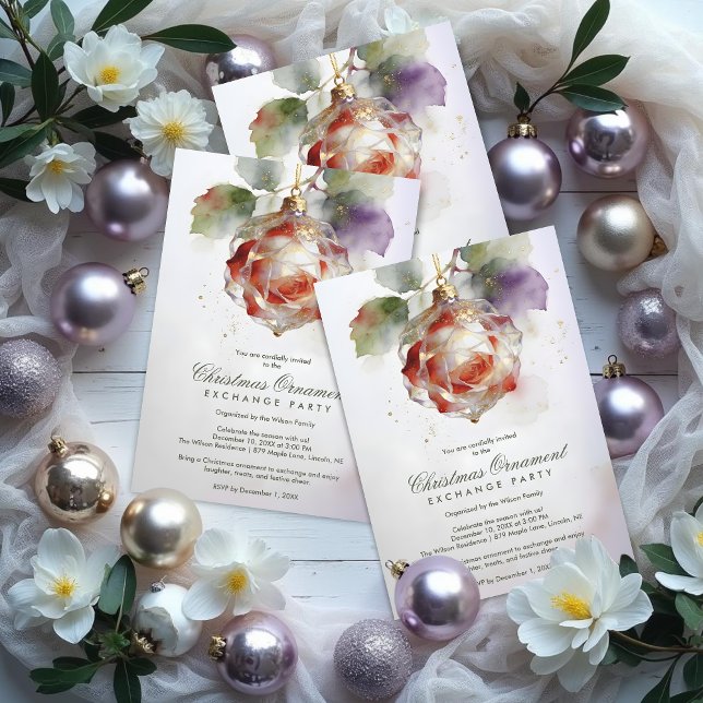 Romantic Christmas Ornament Shaped Like a Rose Invitation (Romantic Christmas Ornament Shaped Like a Rose Watercolor Effect Exchange Party Invitation Card.)