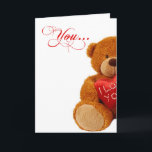 Romantic Christmas Teddy Bear - You Complete Me Holiday Card<br><div class="desc">A sweet Christmas card for sweethearts! Has a picture of half of a cute and cuddly teddy bear holding a red satin pillow that says "I love You". When you open the card, you can see the other side of the Teddy Bear and his pillow. The inside says "You complete...</div>