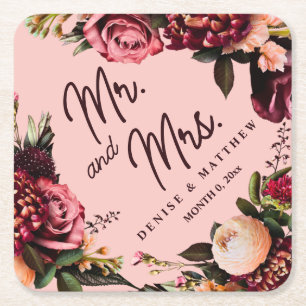Romantic Chrysanthemum on Gossamer Pink Square Paper Coaster