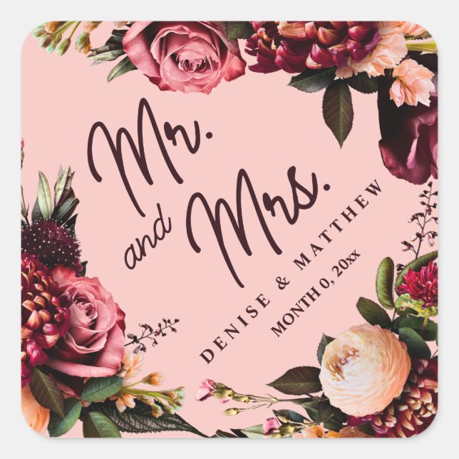 Romantic Chrysanthemum on Gossamer Pink Square Sticker (Front)