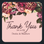 Romantic Chrysanthemum on Gossamer Pink Square Sticker<br><div class="desc">Romantic Chrysanthemum Thank You Stickers – Custom Wedding Favour Labels for Bags, Bottles, Boxes, or Napkins Add a personal and polished touch to your wedding favours with these romantic chrysanthemum thank you stickers. Designed with lush blooms and customisable names or dates, they’re perfect for sealing favour bags, wrapping napkins, decorating...</div>