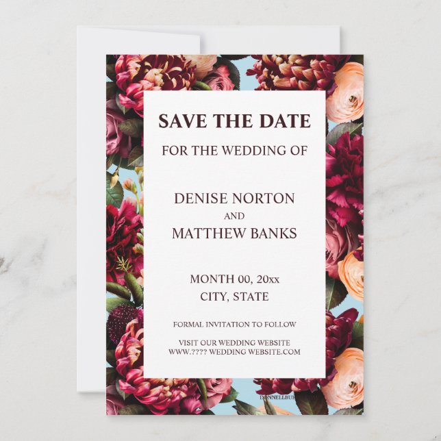 Romantic Chrysanthemum on Spun Sugar Blu Save Date Invitation (Back)