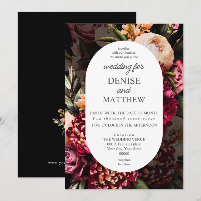 Romantic Chrysanthemum on True Black Invitation (Front/Back)