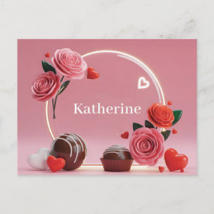 Romantic Circular Glass Frame with Roses and Name Holiday Postcard