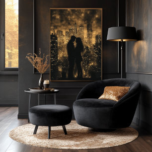 Romantic City Skyline Couple in Golden Monochrome Poster