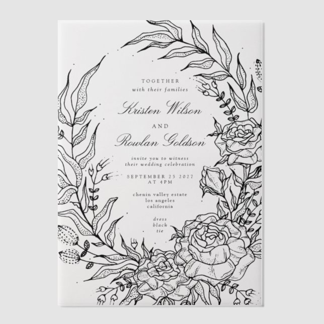 Romantic Classic Black Floral Wreath Wedding Vellum Invitations (Front)