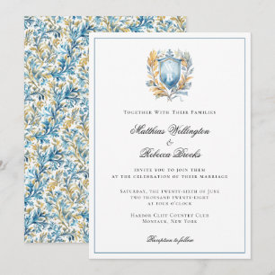 Romantic Classic Blue Crest Monogram Wedding Invitation