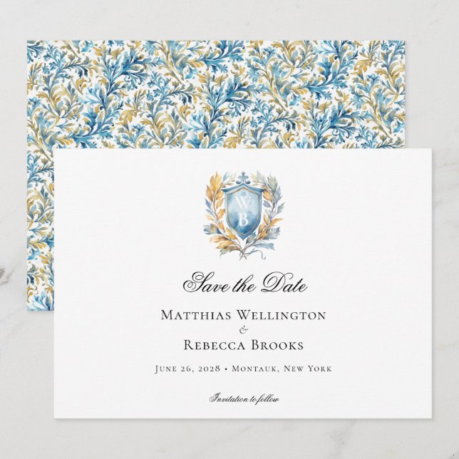 Romantic Classic Blue Crest Monogram Wedding Save The Date (Front/Back)
