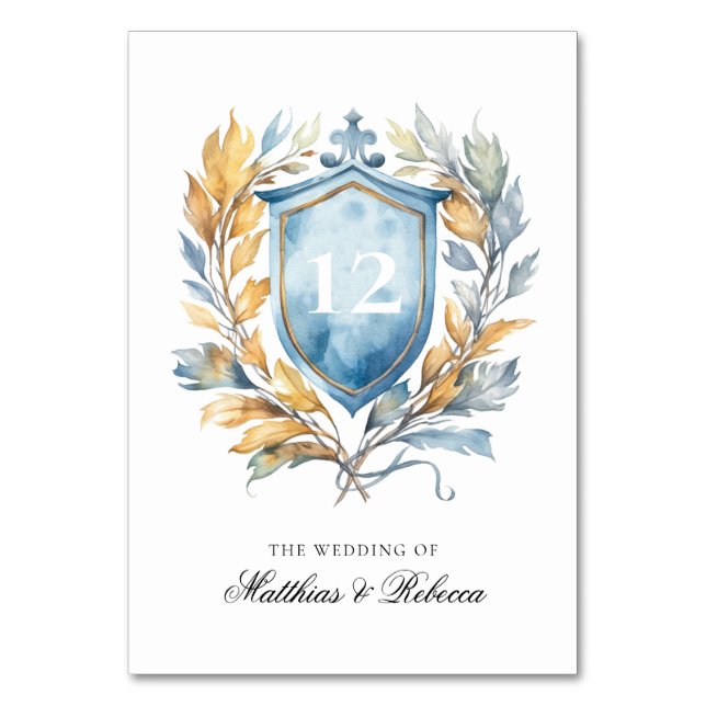 Romantic Classic Blue Monogram Crest Wedding Table Number (Front)