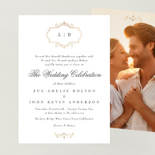 romantic classic gold crest monogram Photo wedding Invitation