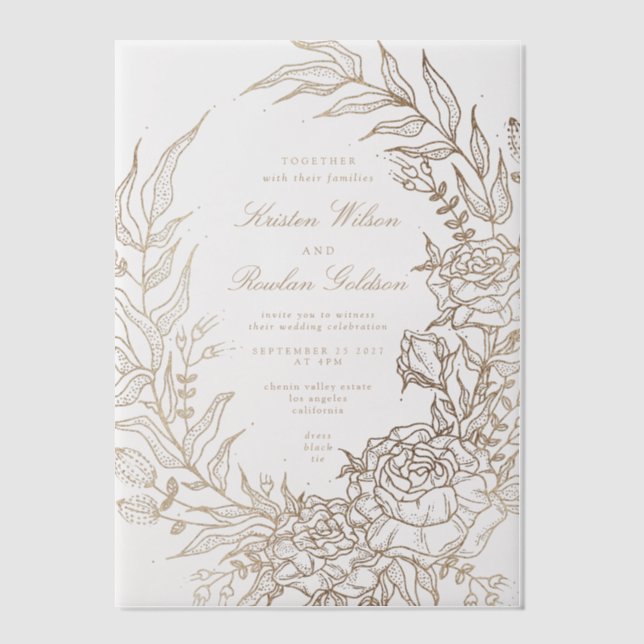 Romantic Classic Gold Floral Wreath Wedding Vellum Invitations (Front)