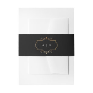 romantic classic gold monogram black white wedding invitation belly band