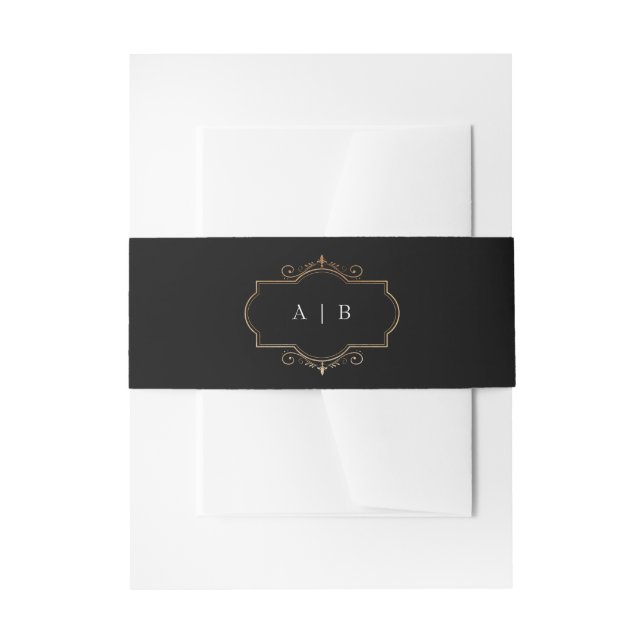 romantic classic gold monogram black white wedding invitation belly band (Front Example)