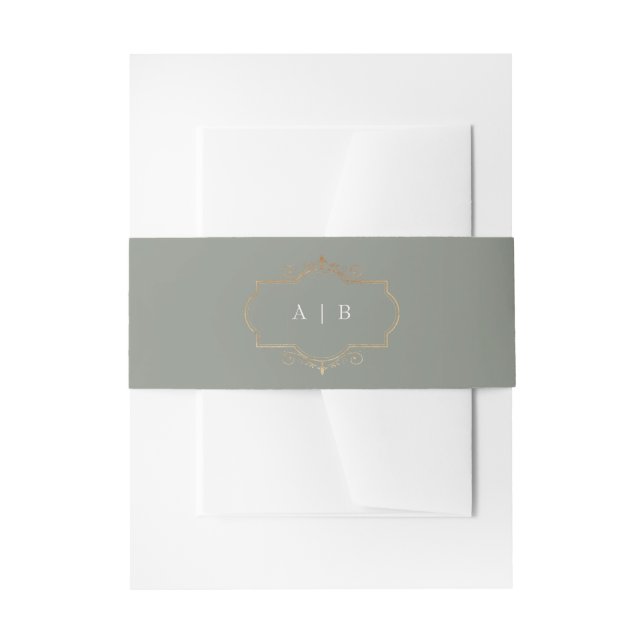 romantic classic gold monogram sage green wedding invitation belly band (Front Example)