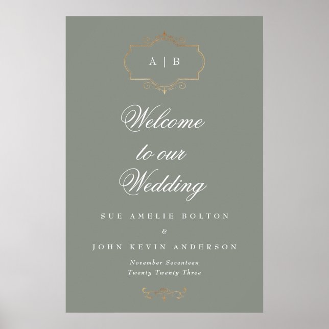 romantic classic gold monogram sage green wedding poster (Front)