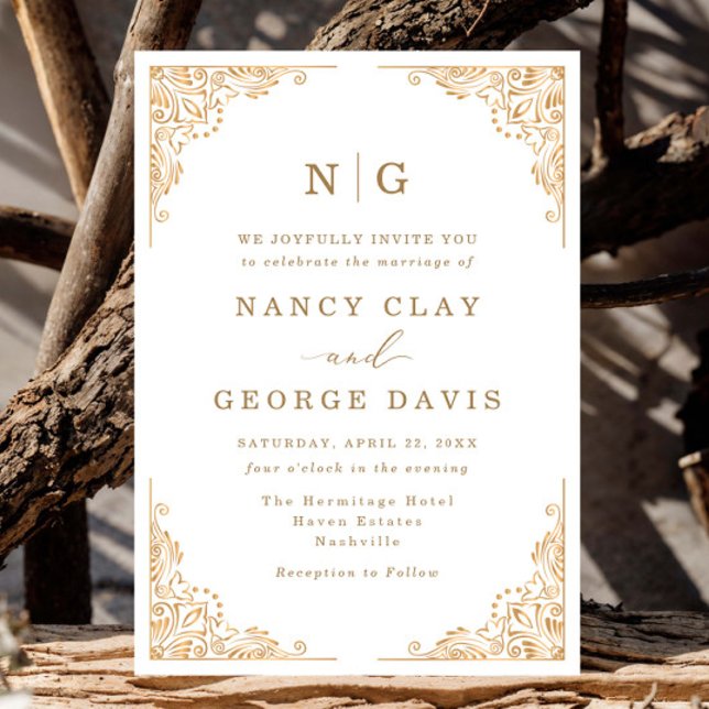 Romantic Classic Monogram Gold Ornate Wedding Invitation (Creator Uploaded)