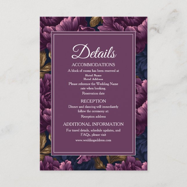 Romantic Classic Plum Floral  Wedding Details Enclosure Card (Front)