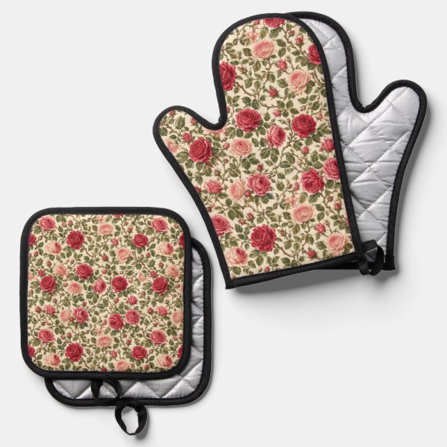 Romantic Classic Rose Vine Art Oven Mitt & Pot Holder Set (Front/Back)