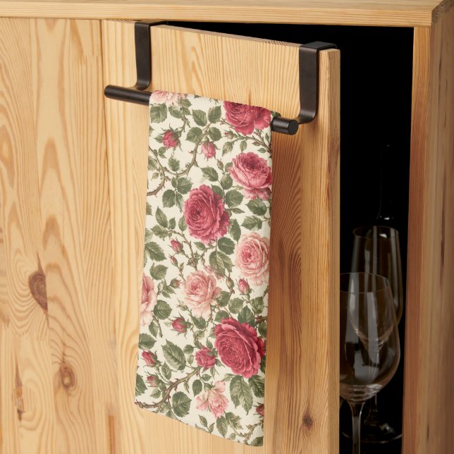 Romantic Classic Rose Vine Art Tea Towel (Thirds Fold)