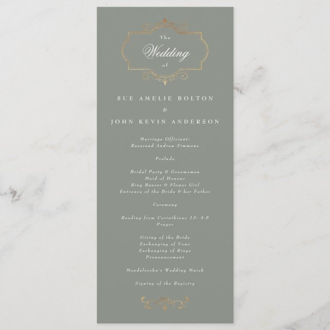 romantic classic sage green gold monogram wedding programme (Front)