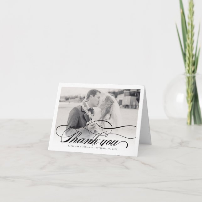 Romantic Classic Script Photo Wedding Thank You Note Card (Front)
