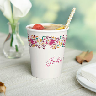 Romantic Classical Pearl Swan Floral Frame Wedding Paper Cups